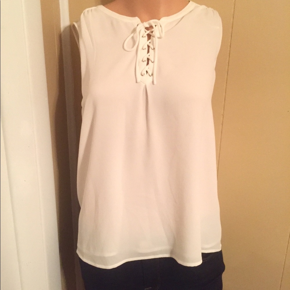 Vince Camuto Beige Lace up soft texture blouse